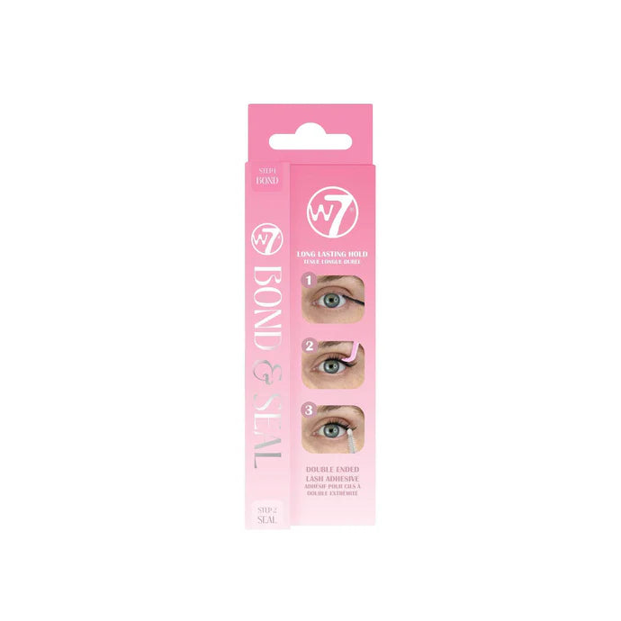 Pink packaging of W7 Bond & Seal false eyelash glue on a white background