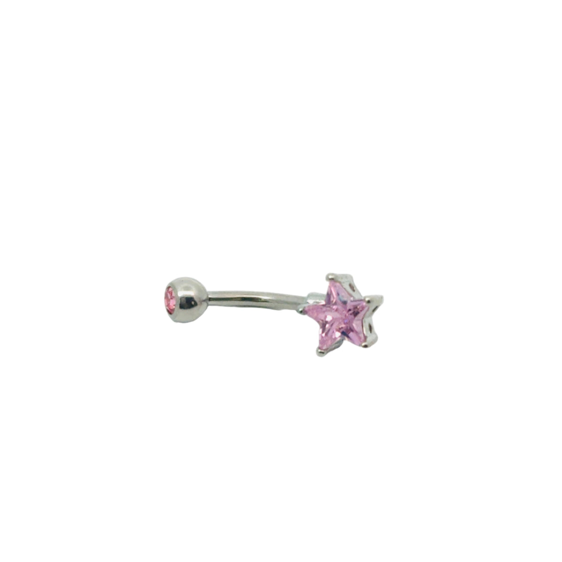 Belly button bar with pink star-shaped gem on a white background