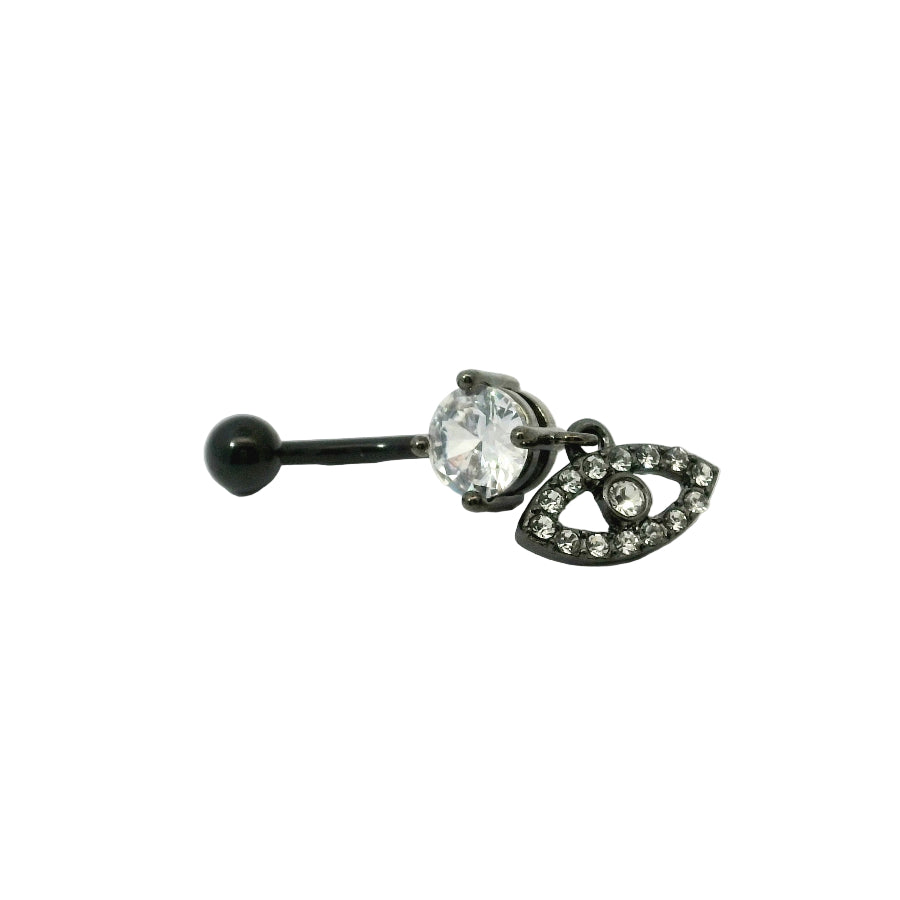 Belly button bar with eye design and clear gemstone on a white background