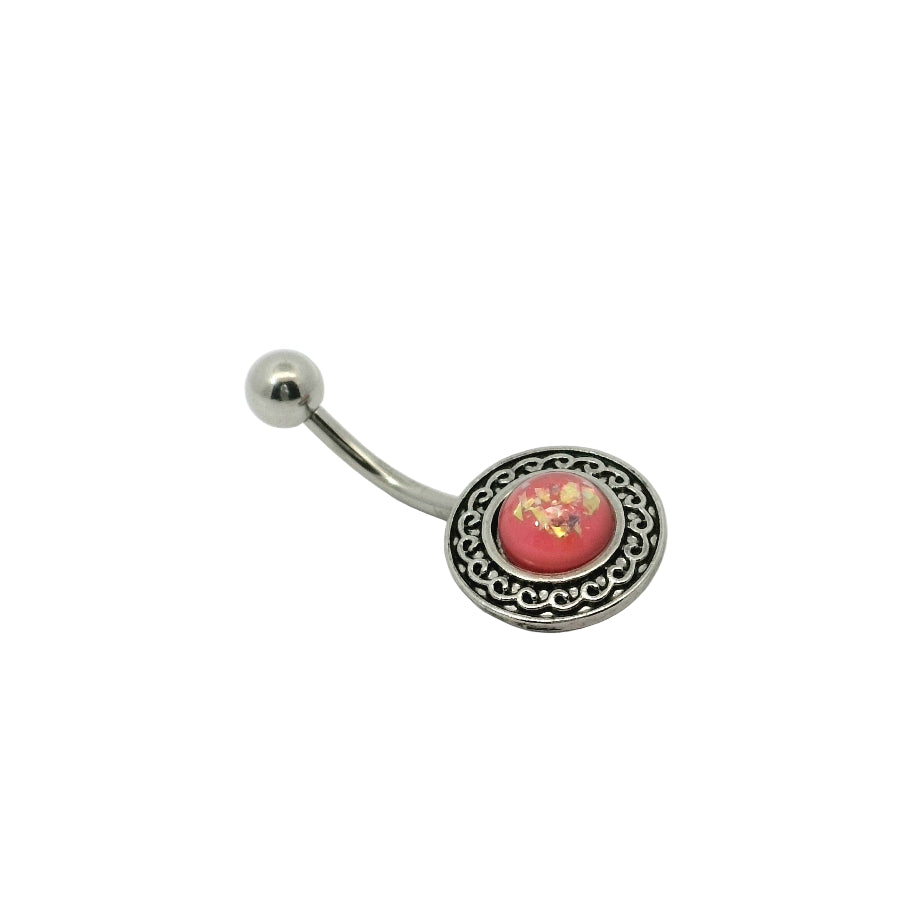 Belly button bar with pink gem design on a white background