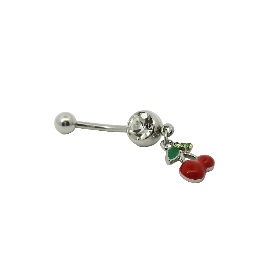 Belly button bar with a clear gem and cherry charms on a white background