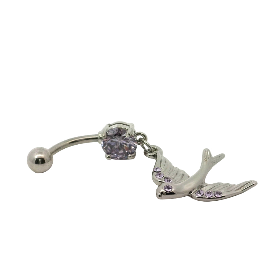 Silver belly button bar with angel wing and heart design on a white background