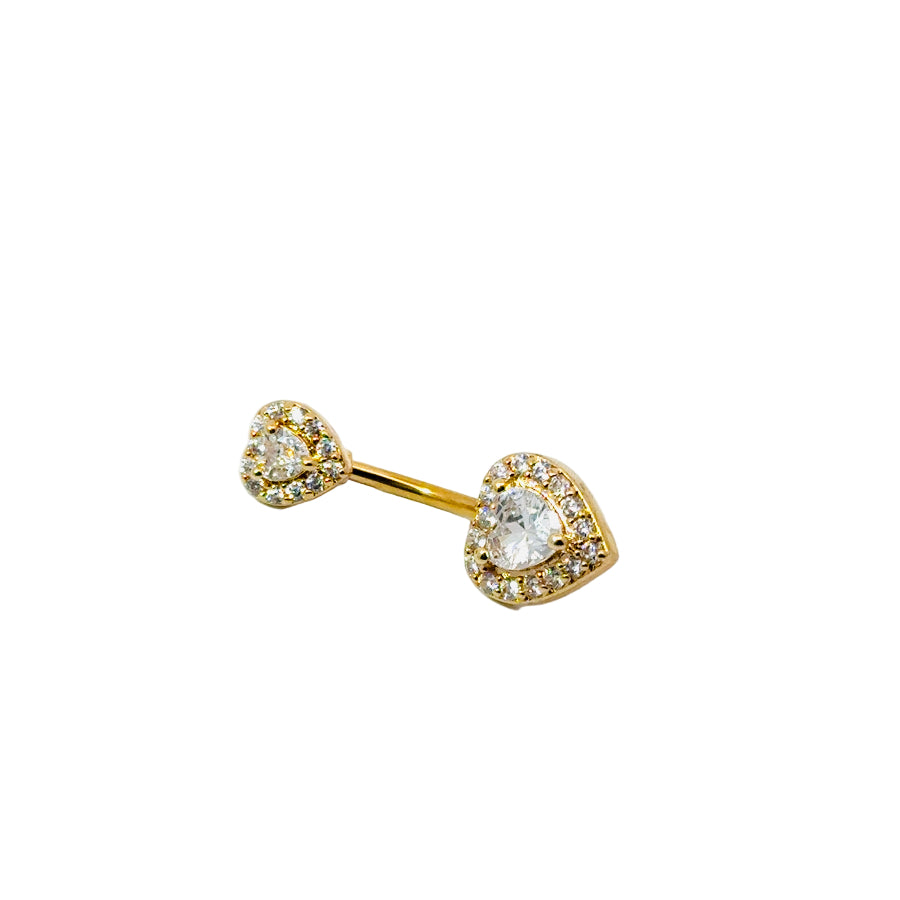 Gold heart-shaped navel bar with clear gemstones on a white background