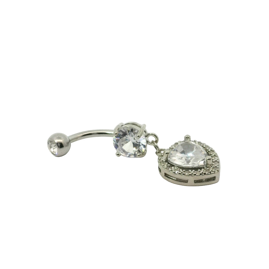 Silver belly button bar with heart-shaped gemstones on a white background