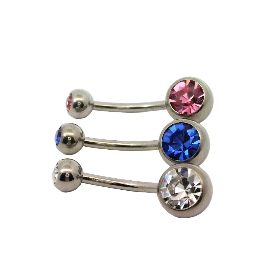 Set of belly button bars with colorful gemstones on a white background
