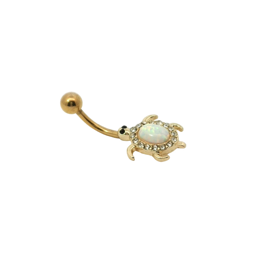 Gold turtle-shaped belly button bar with a central gemstone on a white background
