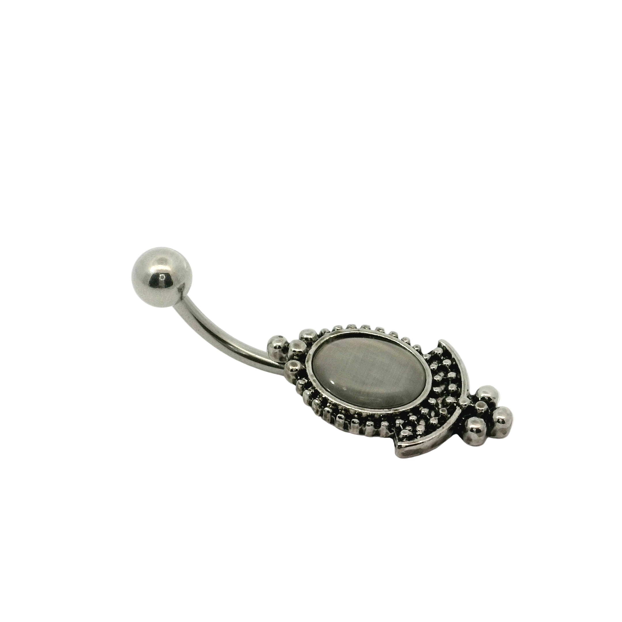 Silver belly button bar with decorative design on a white background