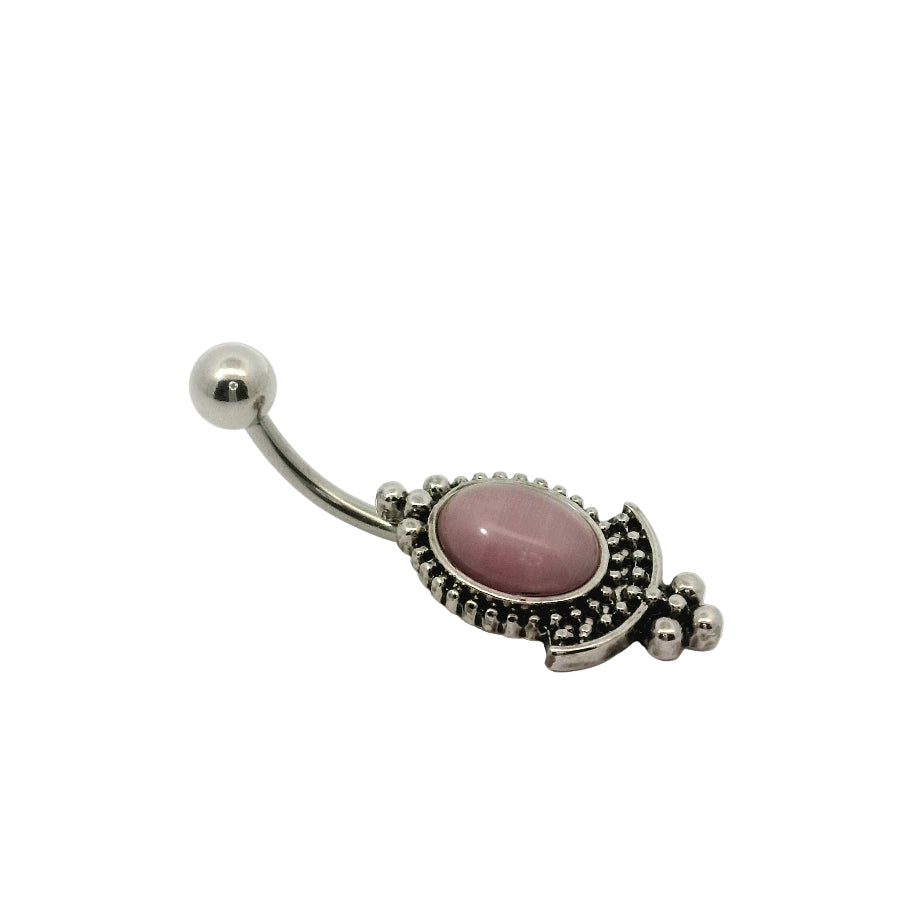 Belly button bar with pink gemstone on a white background