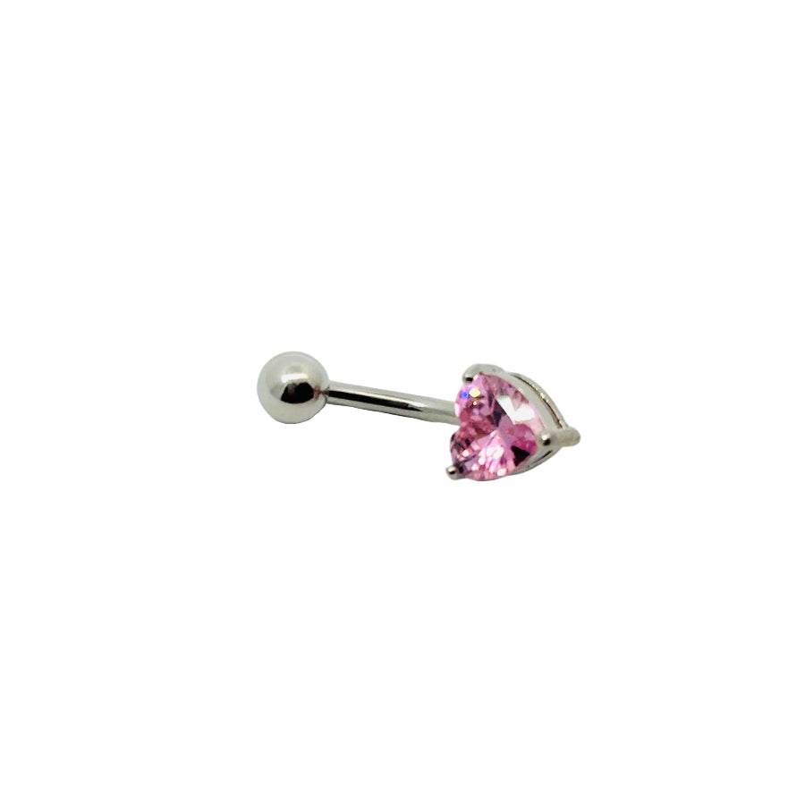 Silver belly button bar with a pink heart-shaped gem on a white background