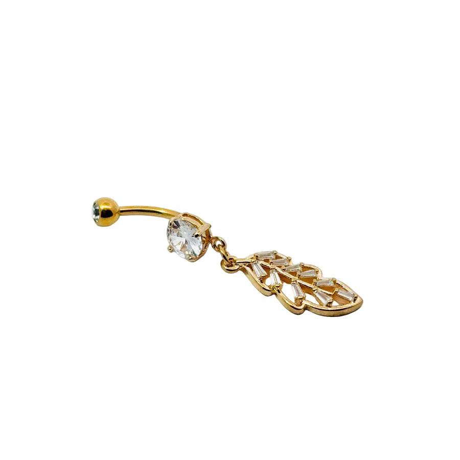 Gold belly button bar with crystal embellishments on a white background