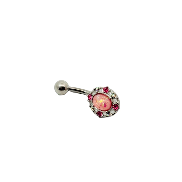 Belly button bar with pink gemstone and red stones on a white background