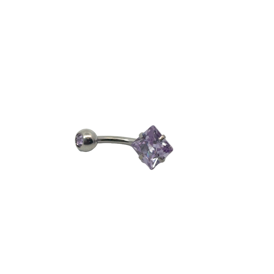 Belly button bar with a purple gemstone on a white background