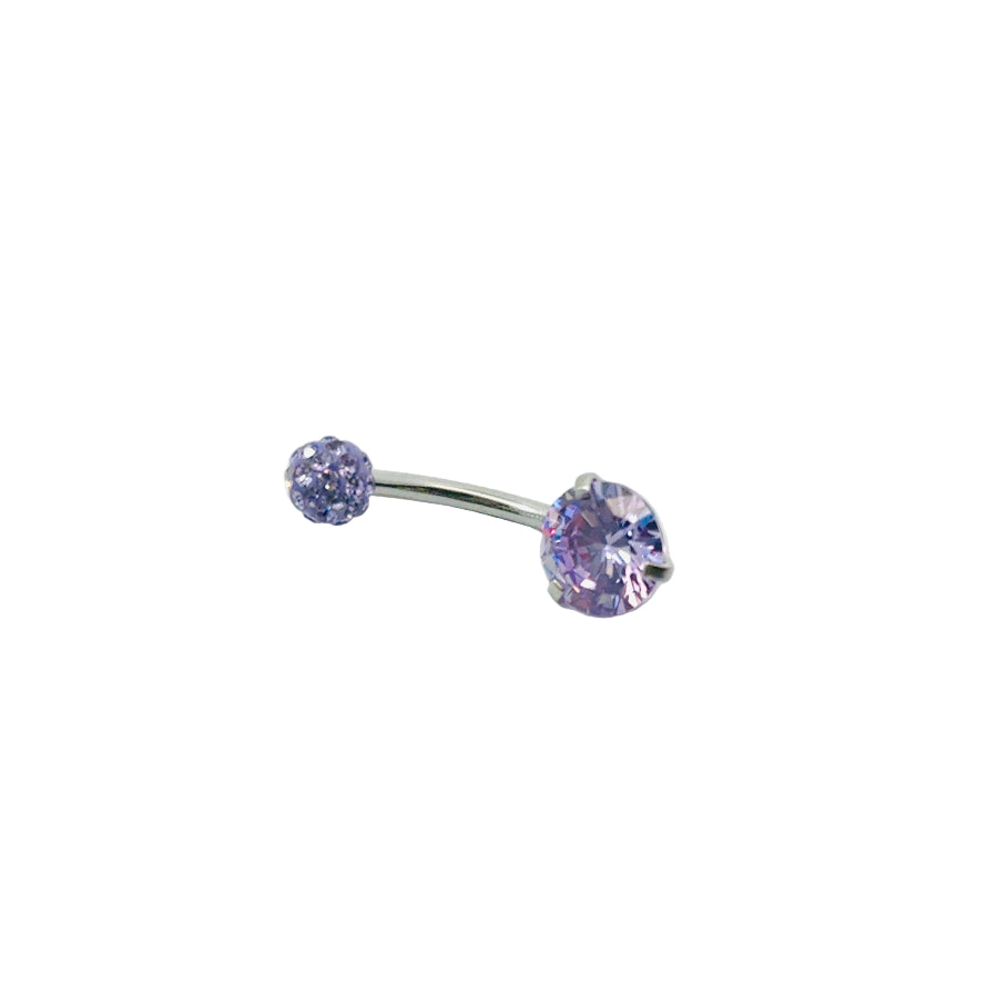 Belly button bar with purple gemstones on a white background