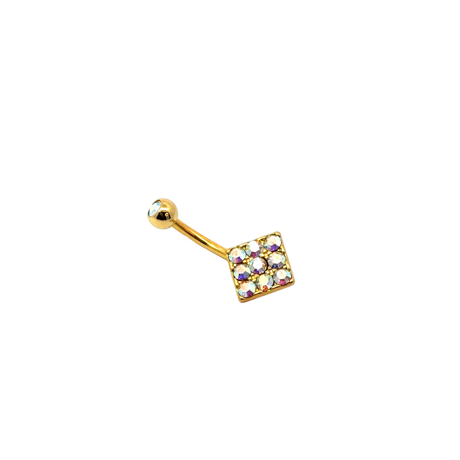 Gold belly button bar with colourful gemstones on a white background