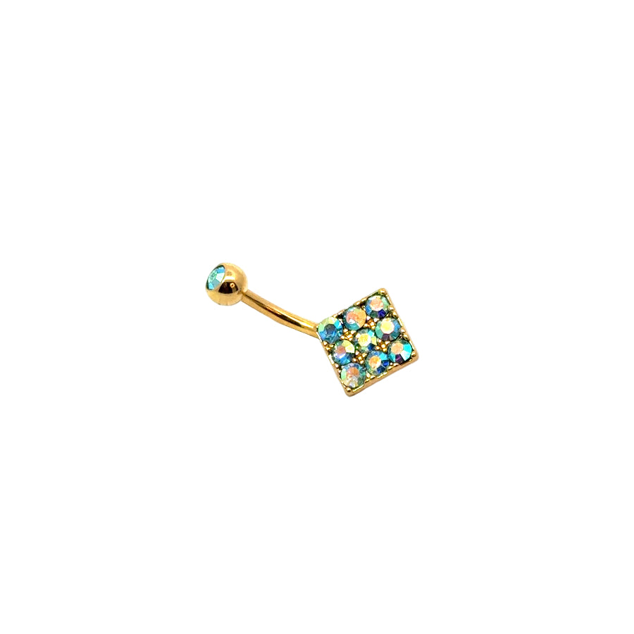 Gold belly button bar with colourful gemstones on a white background