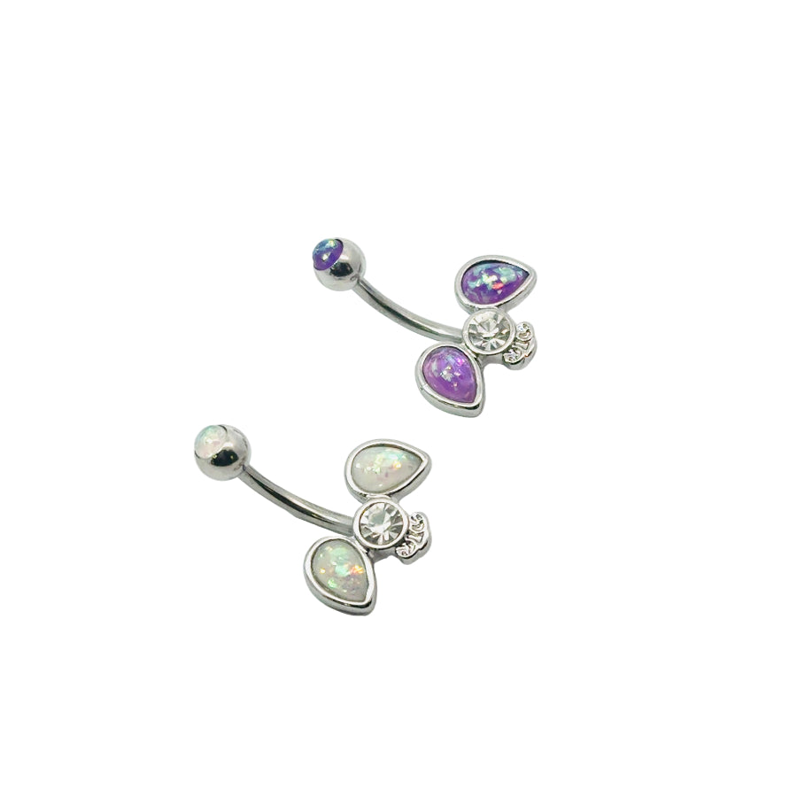 Silver belly button bar with teardrop-shaped gemstones on a white background