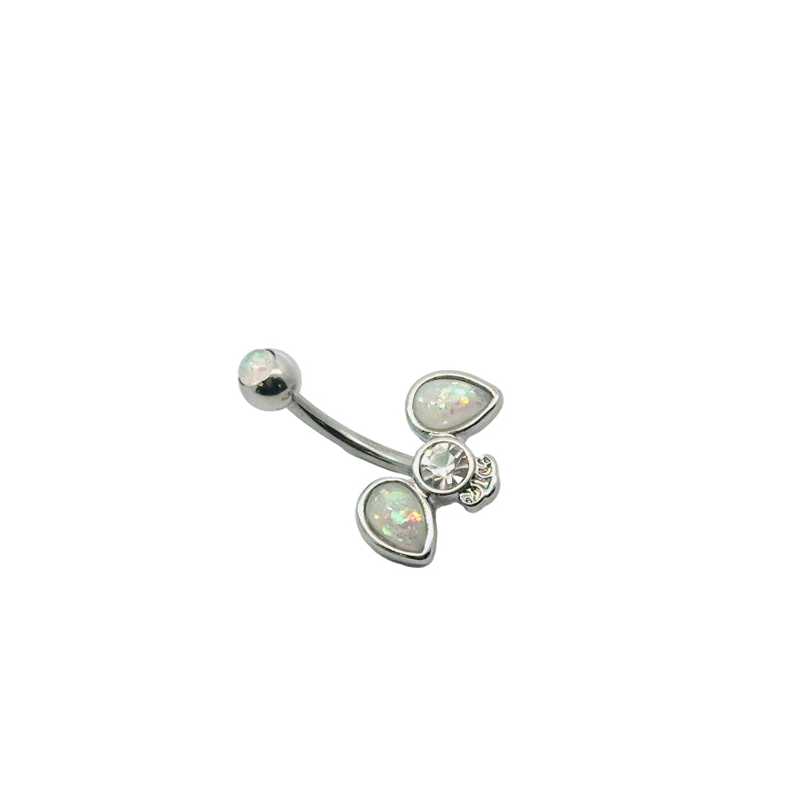 Silver belly button bar with opal stones on a white background