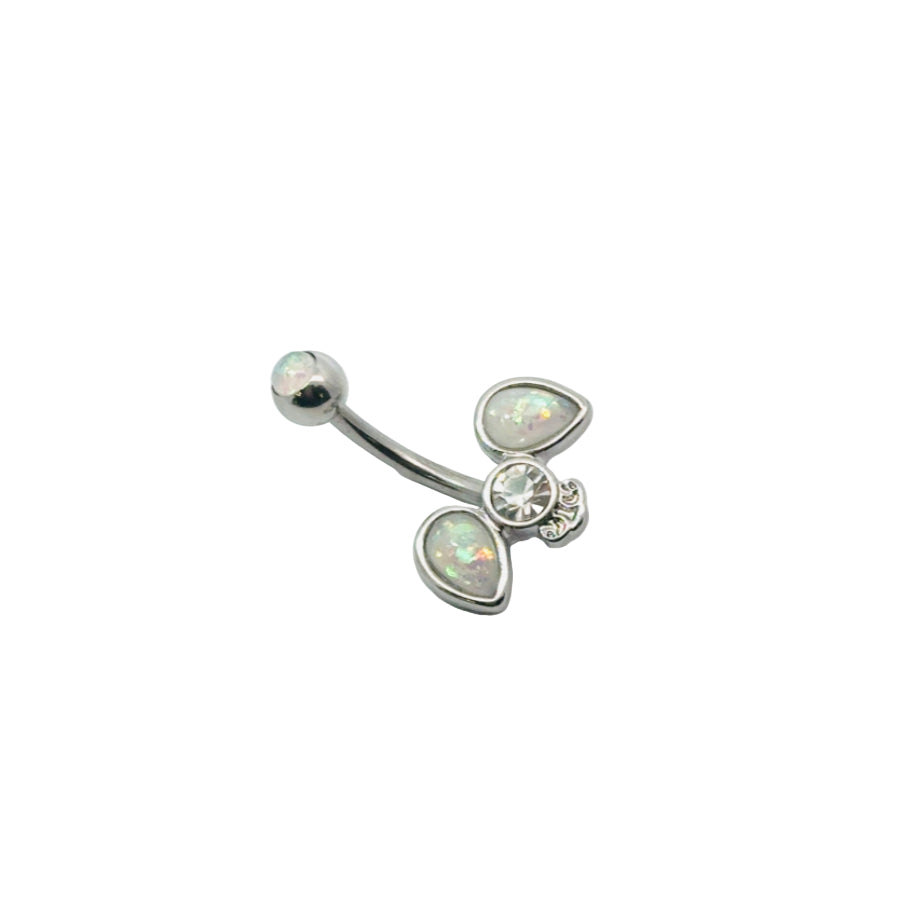 Silver belly button bar with opal stones on a white background