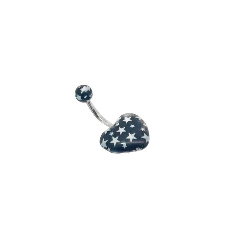 Heart-shaped belly button bar with star pattern on a white background