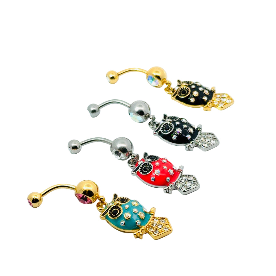 Set of colorful owl-shaped belly button bars on a white background