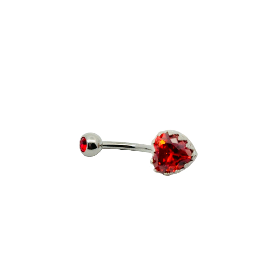 Belly button barwith a red heart-shaped gem on a white background