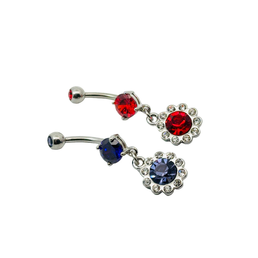 Belly button bars with red and purple gemstones on a white background