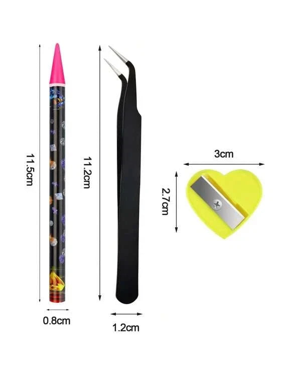 Measurement chart of a pencil, tweezers, and a small sharpener on a white background