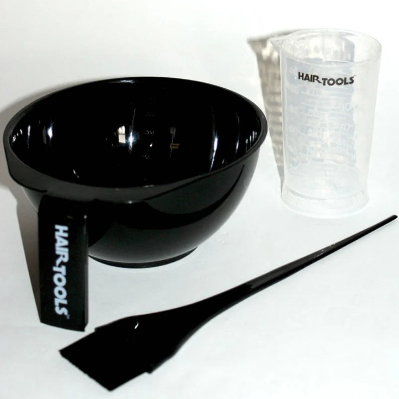 Black hair dye bowl with applicator and measuring cup on a white background, branded 'Hair Tools'.