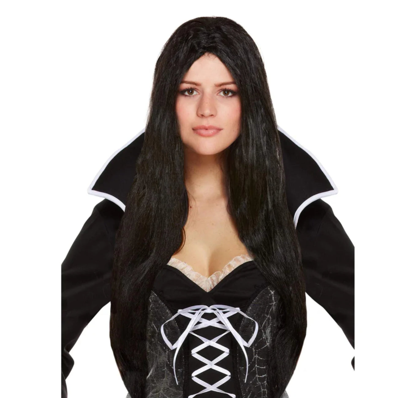 Long Black Witch Morticia Wig 65cm