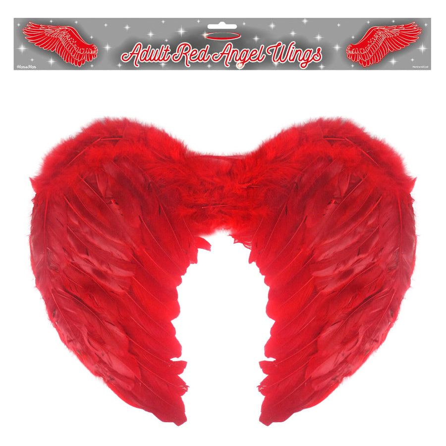 Pair of red feathery angel wings in clear packaging