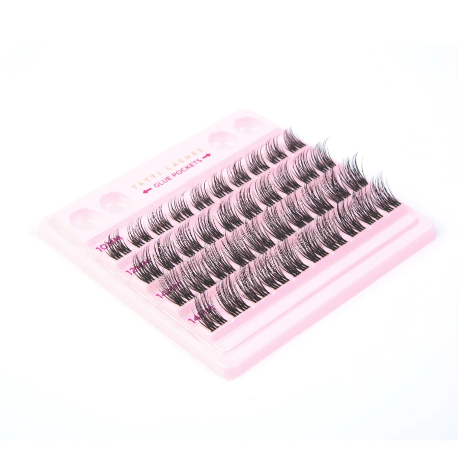 tatti lash branded pink backing packet with rows of eyelash clusters