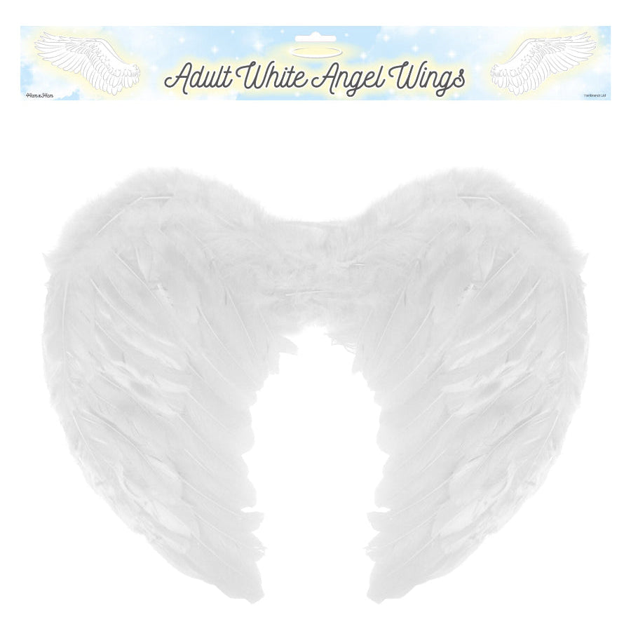 pair of white feathery angel wings for fancy dress in clear packaging