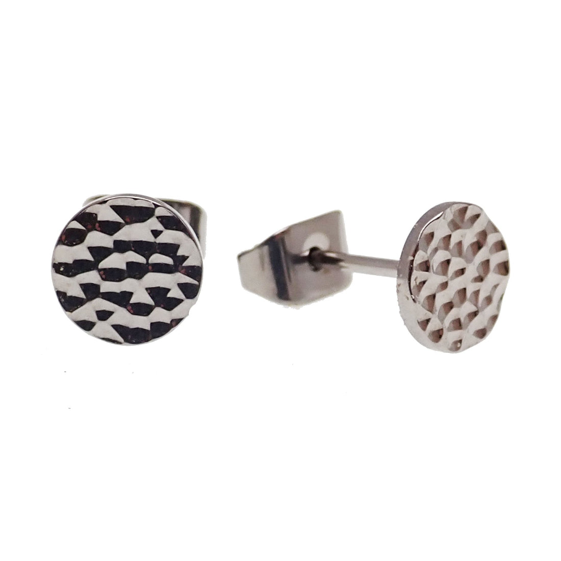 A pair of titanium earrings with a hammered metal disc pattern, featuring a butterfly back.
