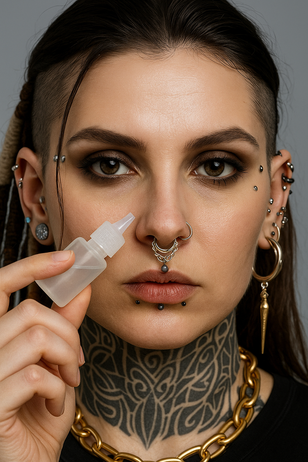 Heavily pierced woman holding a bottle of piercing aftercare solution near her nose piercing