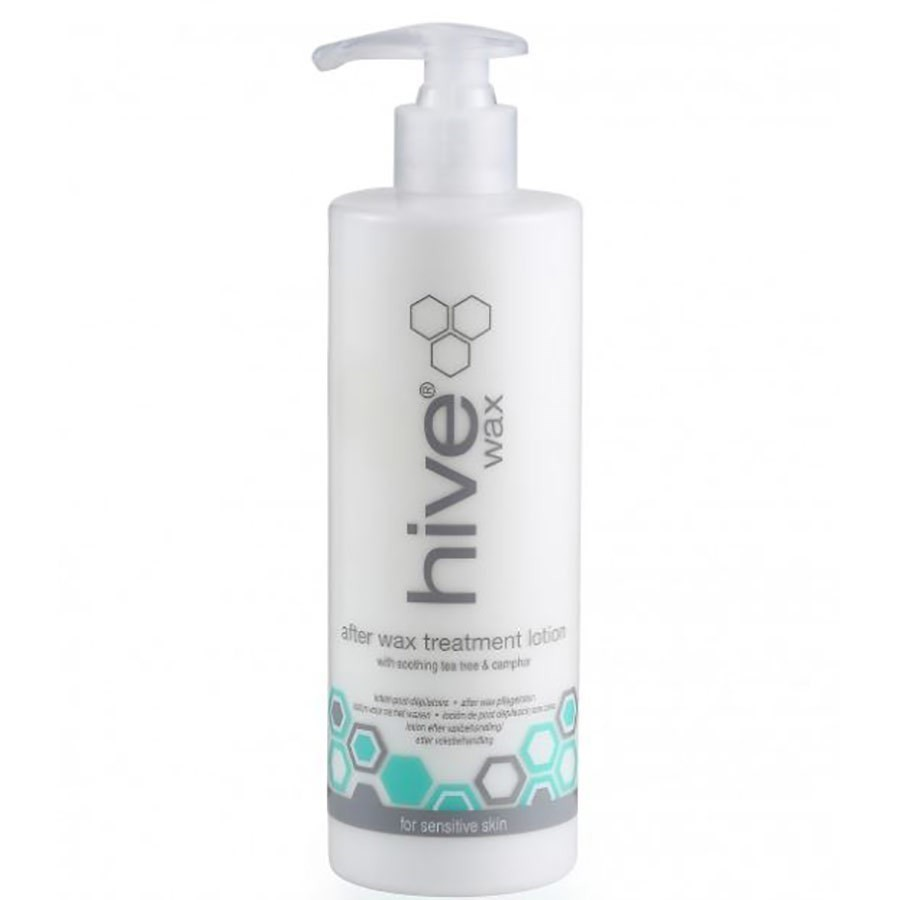 A pump bottle of Hive After Wax Treatment Lotion with Tea Tree Oil & Camphor