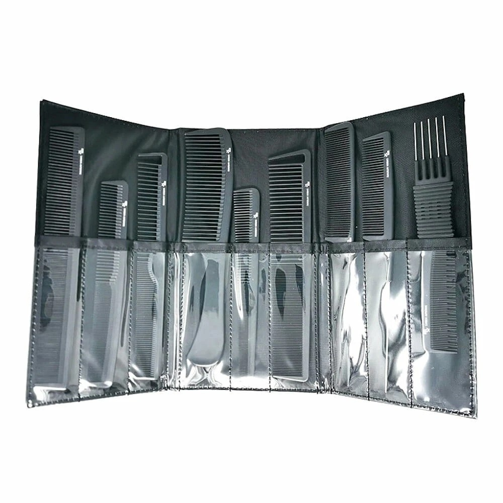 Set of hair styling tools in a black case on a white background