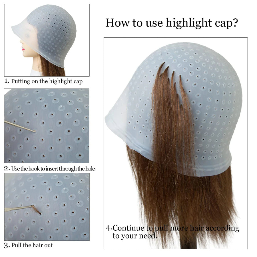 highlighting cap on a head with strands of hair pulled through and text instructions on how to use it.