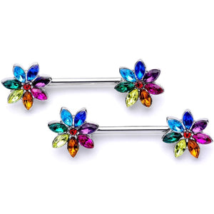 RAINBOW CZ GEM SPECTRUM FLOWER BARBELL NIPPLE RING SET 14mm 2pck