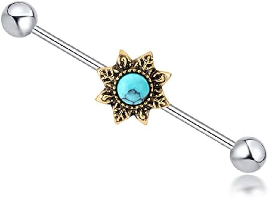 Sun with Aqua Opal Scaffold Industrial Barbell Piercing Bar 35mm