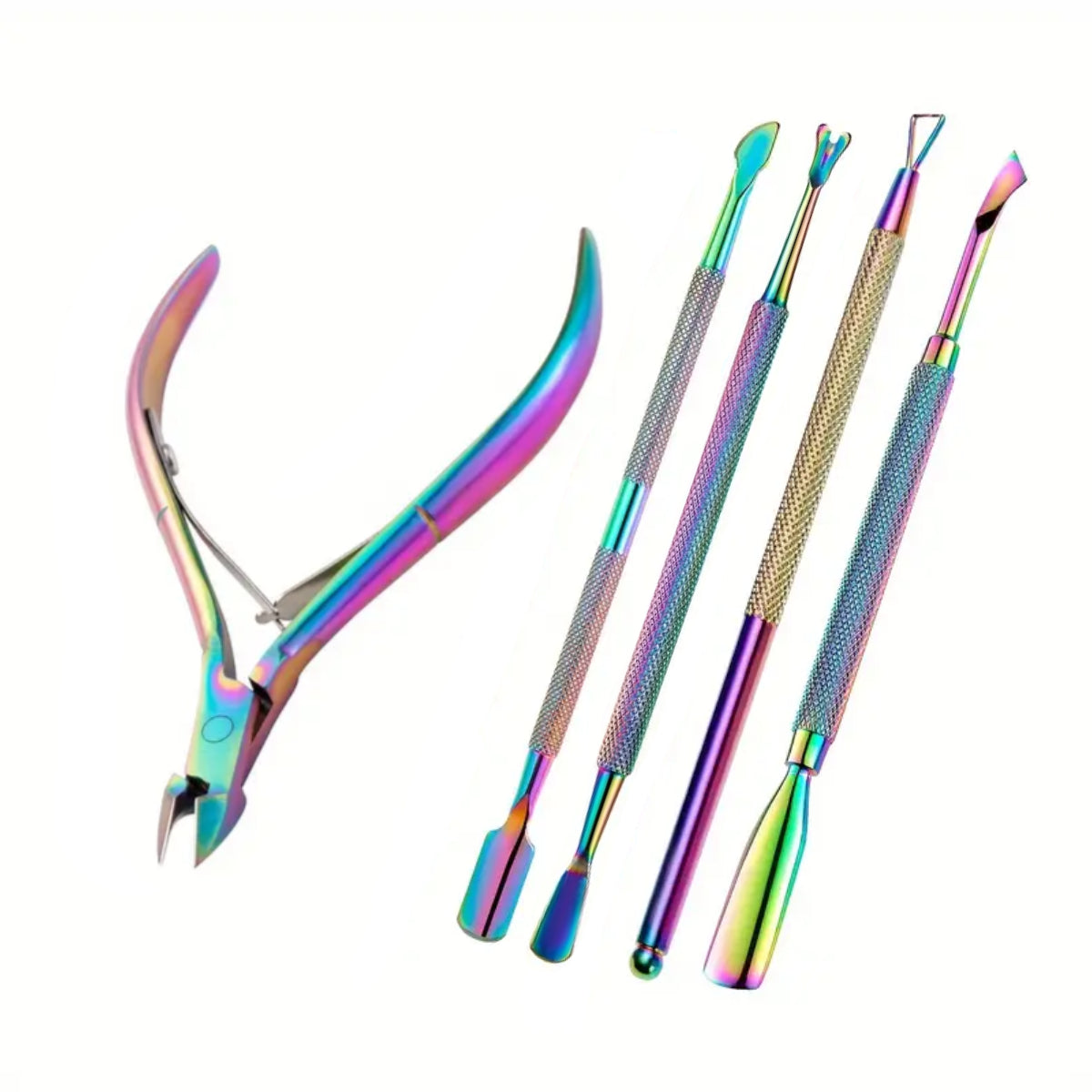 Anodised Rainbow 5 Piece Manicure Tool Set, Cuticle Nippers, Pushers and Scrapers