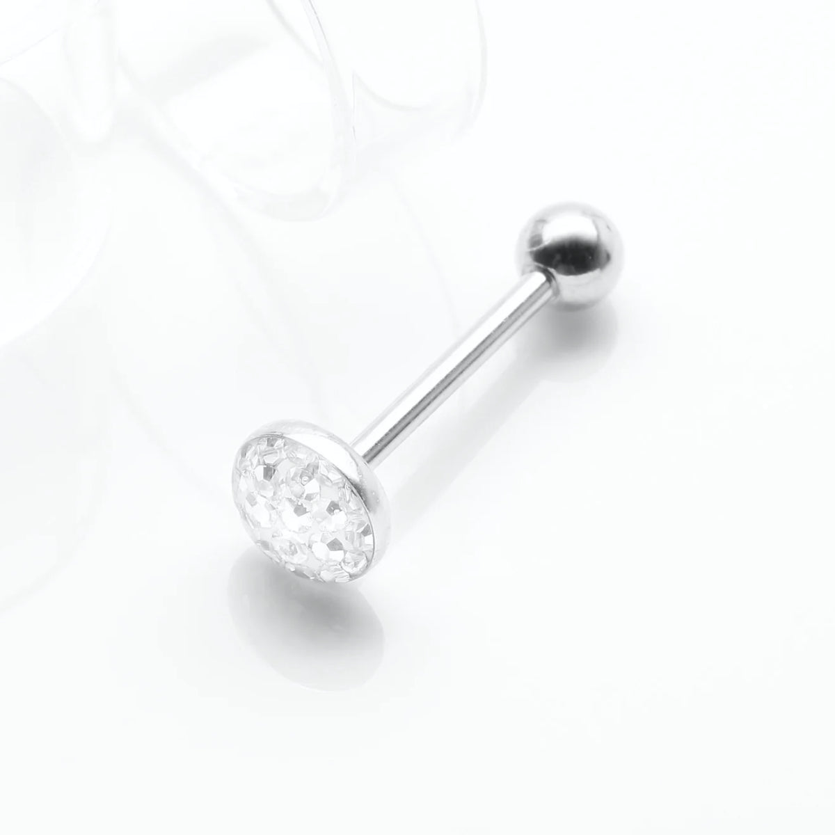 Clear Gem Sparkle Dome Silver Barbell Tongue Bar 14mm