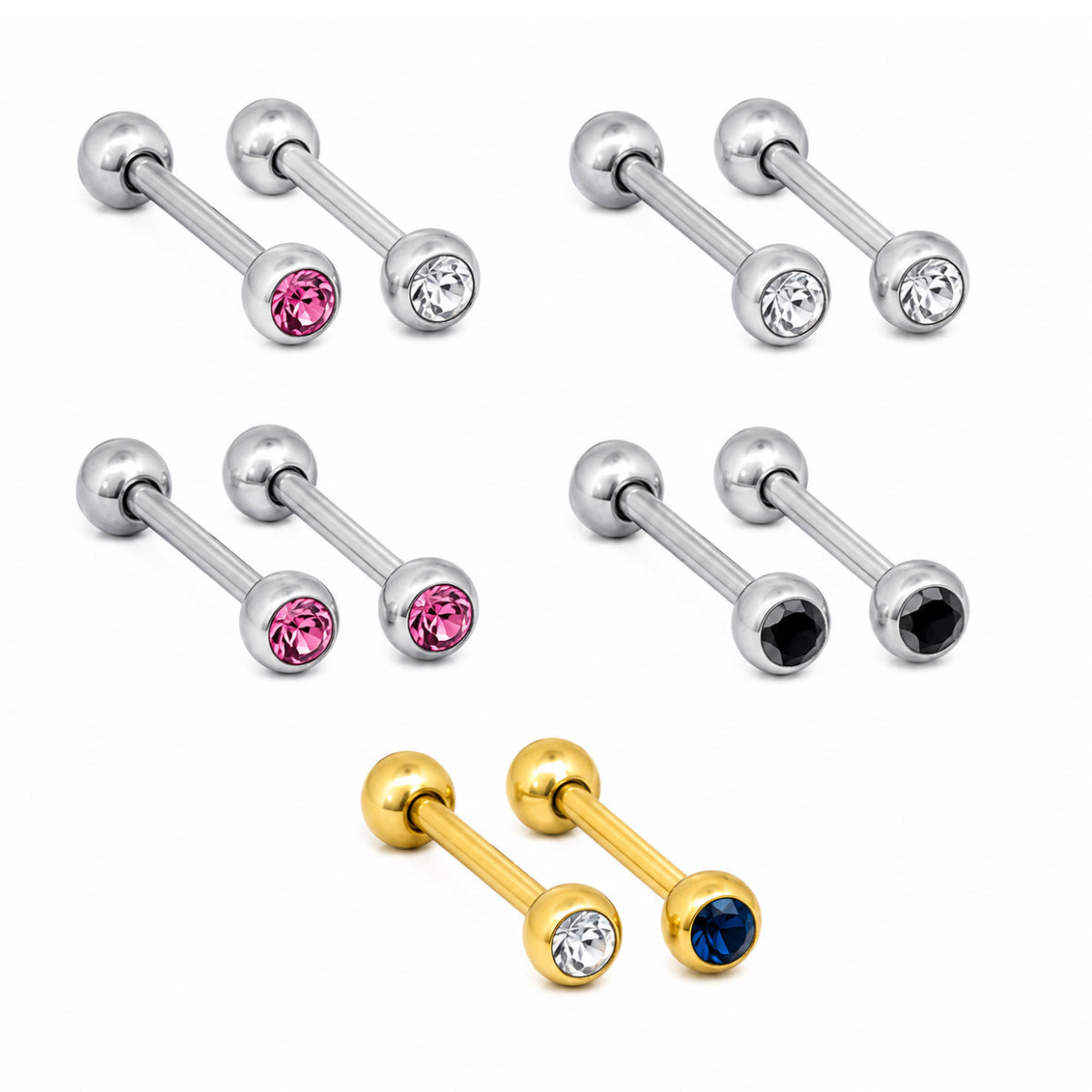 2 Pack Silver or Gold Barbells with Gems - Tongue Bar 12mm & 14mm