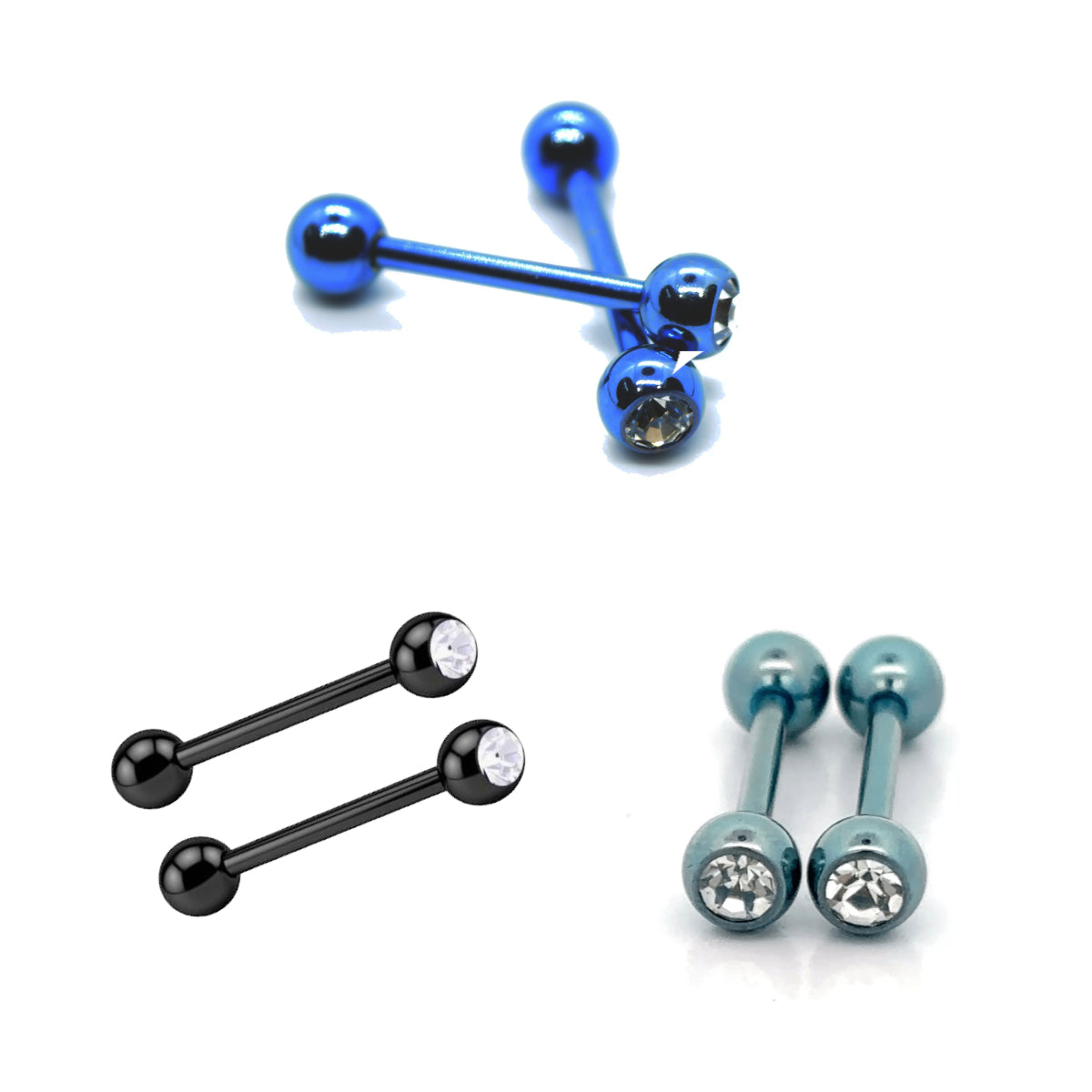 2 Pack Barbells with Clear Gem 14mm Tongue and Nipple Bar