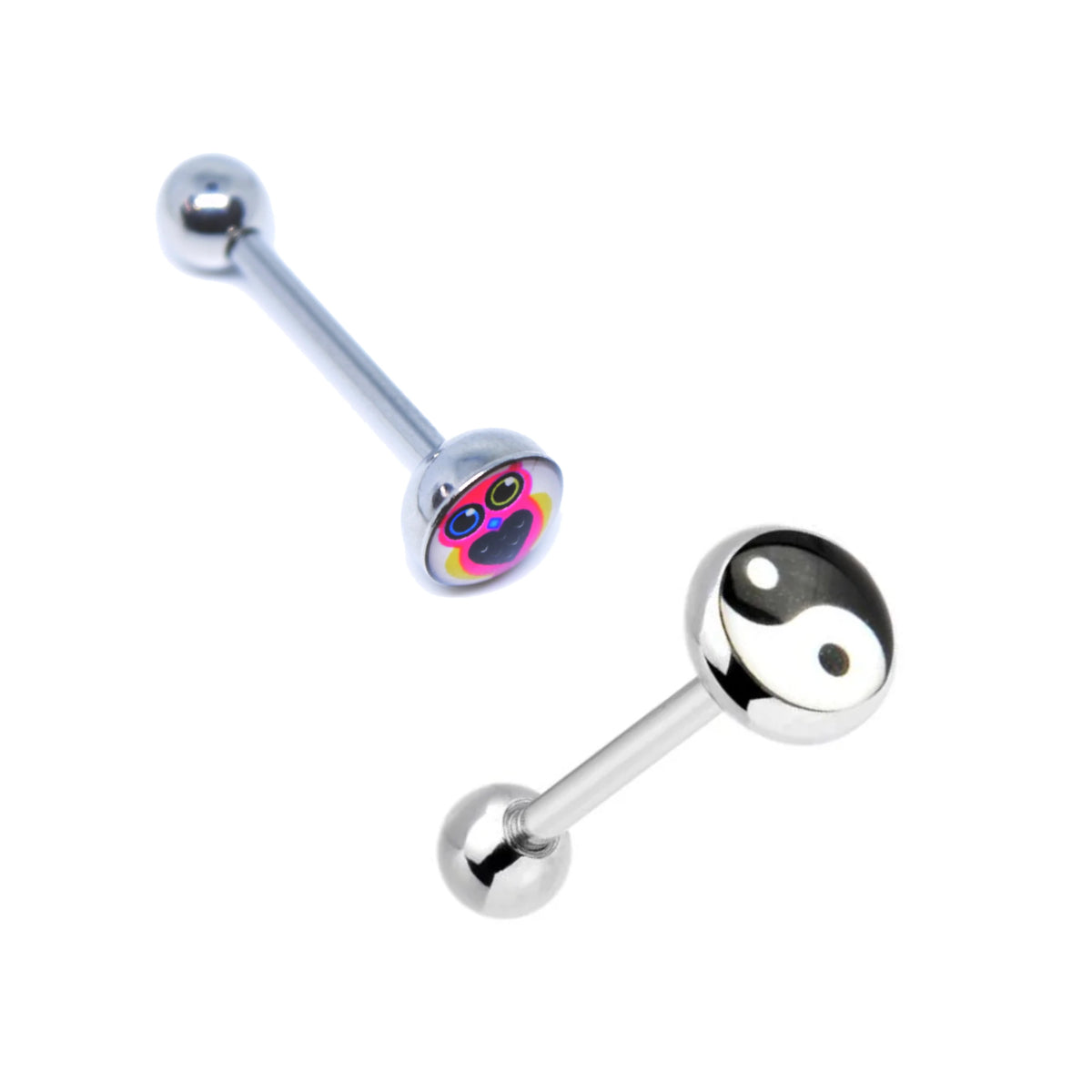 Set of 2 Barbells Pink Owl and Yin Yang 14mm Tongue Bars