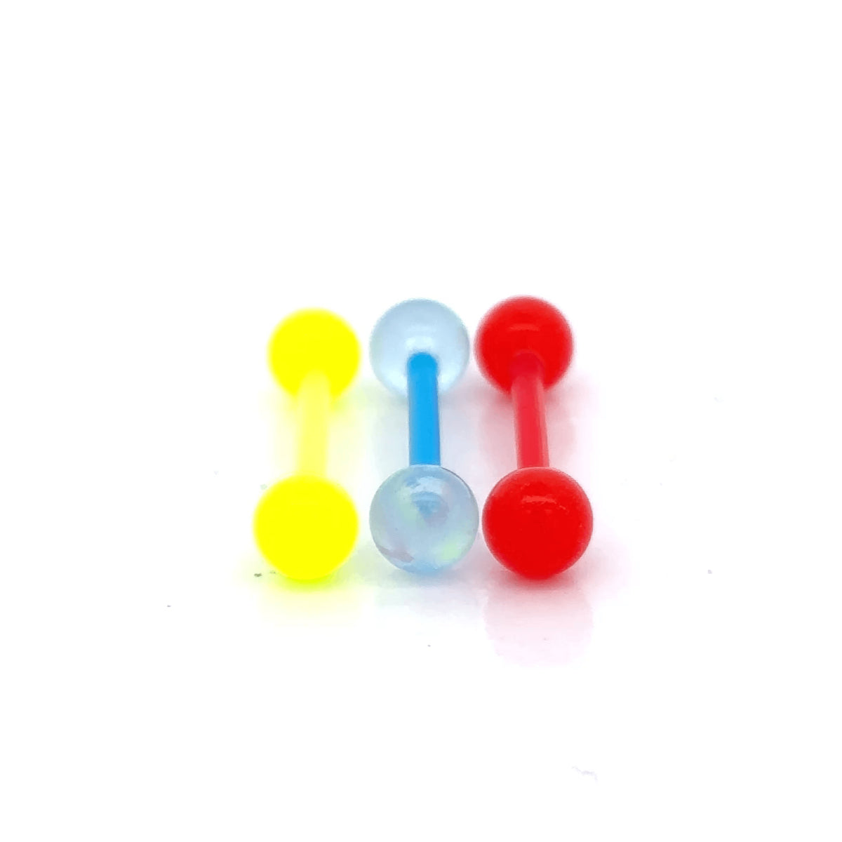 3 Pack of Bio Plastic Barbells Yellow Blue Red 14mm