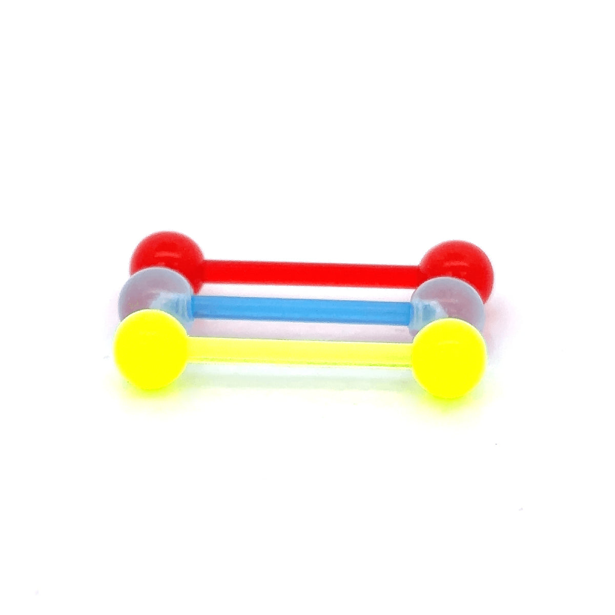 3 Pack of Bio Plastic Barbells Yellow Blue Red 14mm