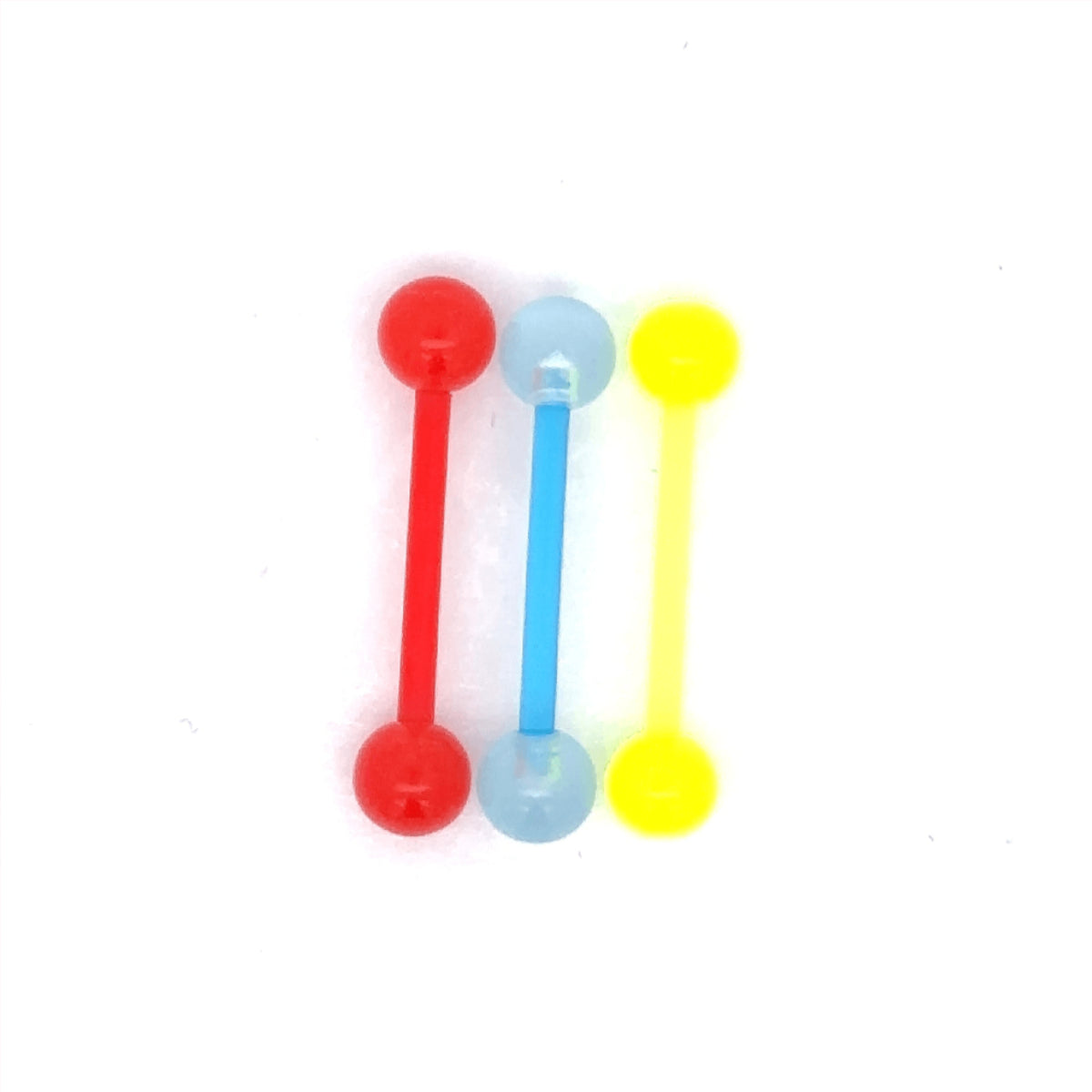 3 Pack of Bio Plastic Barbells Yellow Blue Red 14mm