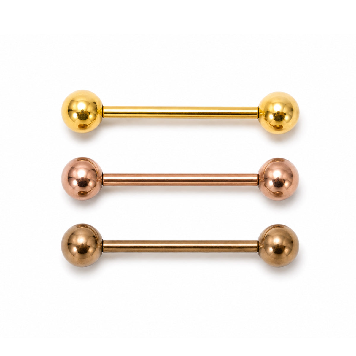 3 Pack Metallic Gold, Rose Gold and Bronze Coloured Barbells 14mm Tongue & Nipple Bars