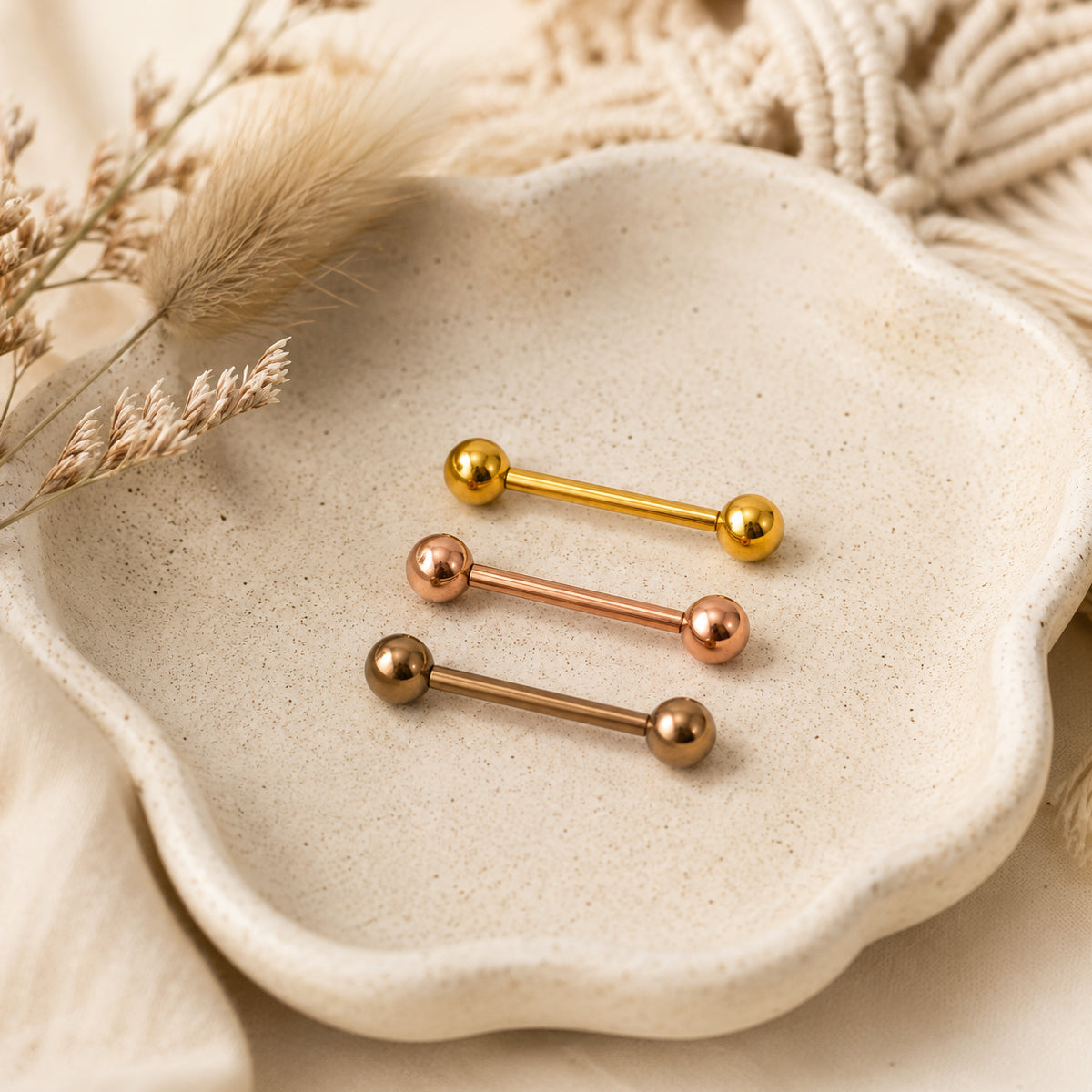 3 Pack Metallic Gold, Rose Gold and Bronze Coloured Barbells 14mm Tongue & Nipple Bars