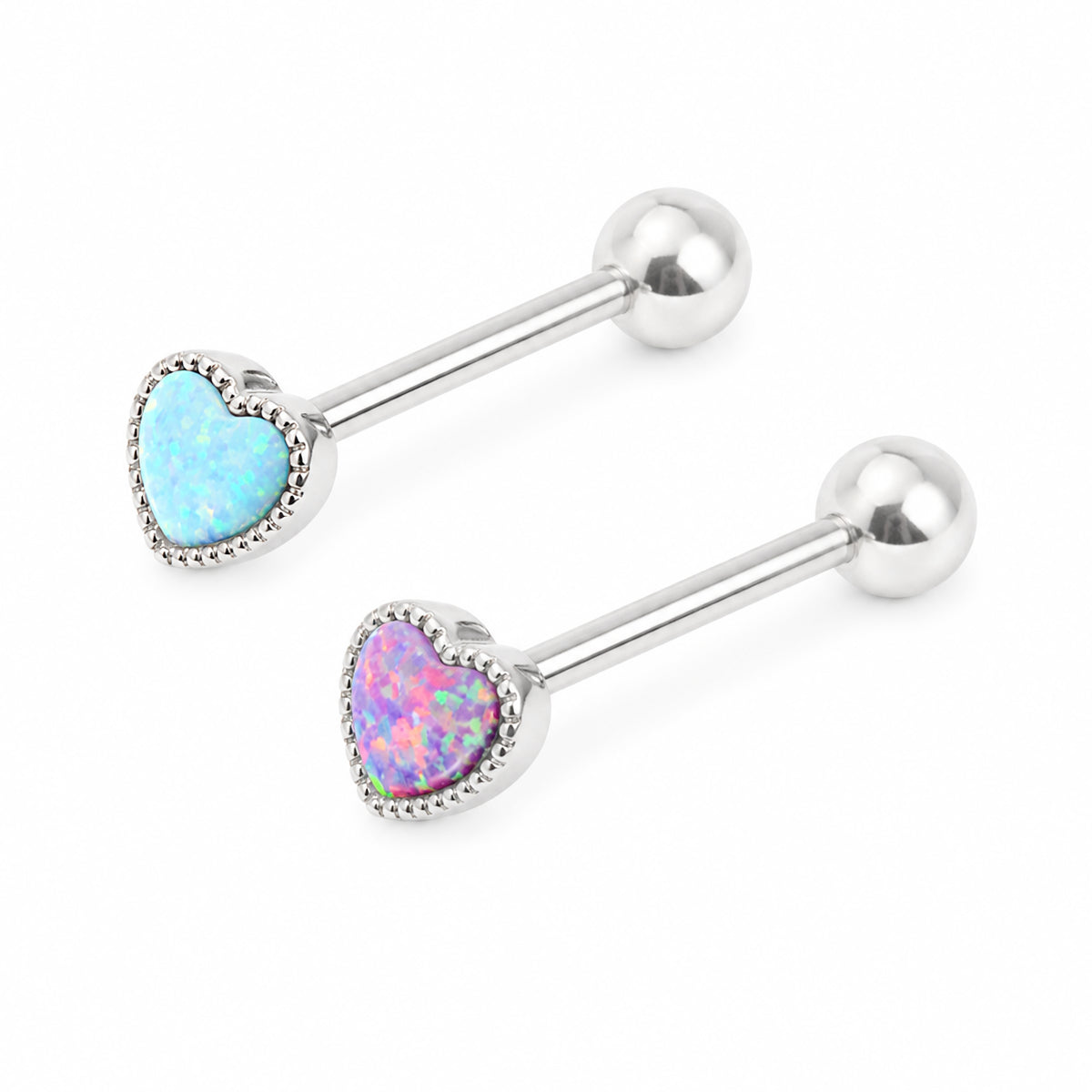 2 Pack Heart Opal Blue & Purple Barbells 14mm Tongue Bars